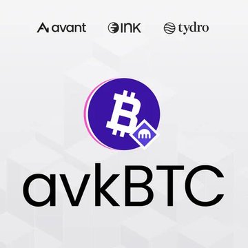 A promotional graphic featuring logos for 'Avant', 'Ink', and 'Tydro' at the top, with a purple Bitcoin icon and the text 'avkBTC' below on a white background.