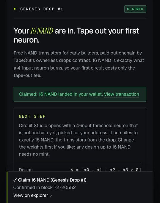 A digital interface showing a "GENESIS DROP #1" notification stating "Your 16 NAND are in. Tape out your first neuron," with confirmation that 16 NAND has been claimed in block 72720552.