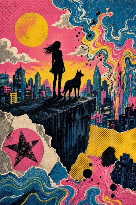 A vibrant mixed-media collage illustration features a silhouetted girl and a dog standing on a floating platform above a neon cityscape, with a yellow sun, pink skies, a black star, and swirling colorful patterns.