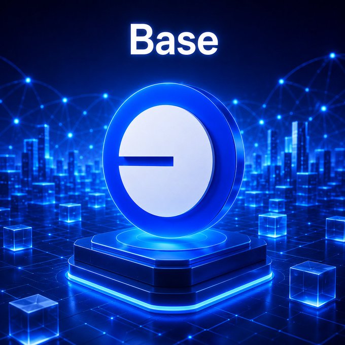 A digital 3D rendering of the Base cryptocurrency logo, showing a white 'e'-like symbol on a blue circular pedestal against a futuristic cityscape background.
