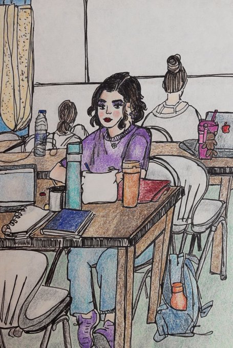 A watercolor and ink illustration depicts a young woman with dark hair and a purple sweater sitting at a cafe table, writing in a notebook alongside a coffee cup and water bottle.