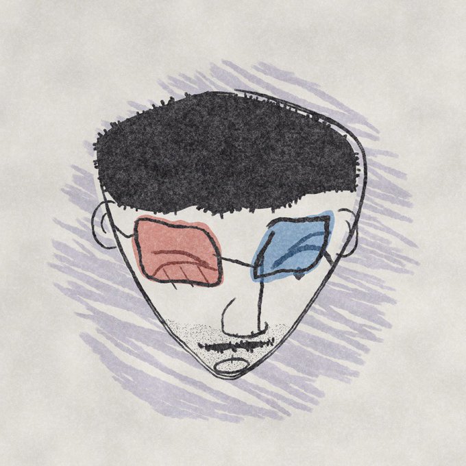 A hand-drawn sketch of a man's face with short dark hair, stubble, and rectangular glasses with one red and one blue lens.