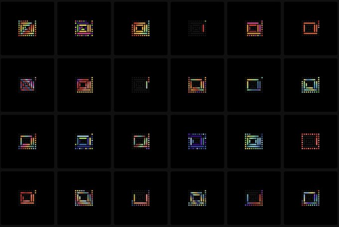 A 4x6 grid of 24 dark squares, each containing a small colorful rectangular pattern of dots/pixels in various colors.