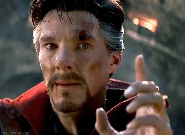 The image shows Dr. Stephen Strange, portrayed by Benedict Cumberbatch, looking determinedly into the distance. His gesture and the image's context align with the post's theme of long-term investment strategy and foresight.