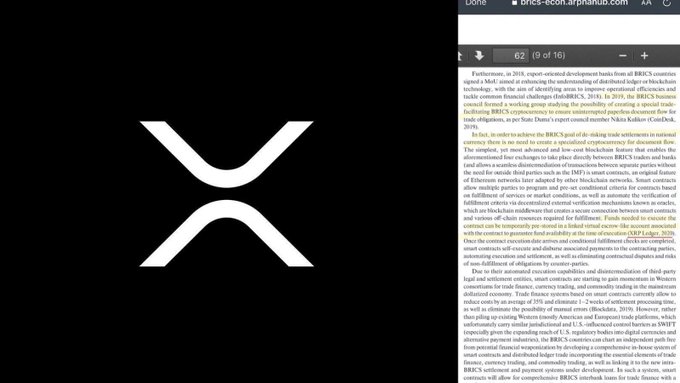 A black "X" logo (XRP cryptocurrency symbol) displayed next to an article excerpt discussing a BRICS Business Council report on the XRP Ledger's potential role as an escrow system for trade-facilitating funds, which aligns with the claim that BRICS mentioned XRP by name in a $30 trillion context.