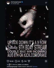 The image promotes Drake's "It's A 5AM" stream scheduled for August 9th on Kick.com/Drake, featuring a glittery "5" graphic and announcing a double max win promotion for Stake's 9th birthday, aligning with the post highlighting Drake's $1,000,000 giveaway and support for the platform's anniversary celebration.