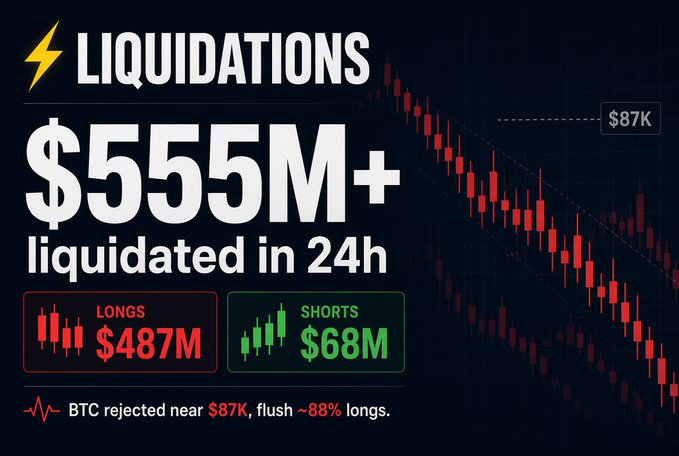 The image displays a crypto market liquidation graphic showing "$555M+ liquidated in 24h," with $487M in longs and $68M in shorts, alongside a red BTC price chart declining from the $87K rejection level. The graphic visually reinforces the post's message that leveraged long positions (~88%) bore the brunt of Bitcoin's drop toward ~$84K after failing to break the $87K resistance.