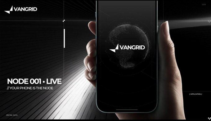 VANGRID promotional image showing 'NODE 001 • LIVE' with the tagline '//YOUR PHONE IS THE NODE', featuring a hand holding a smartphone displaying the VANGRID logo.