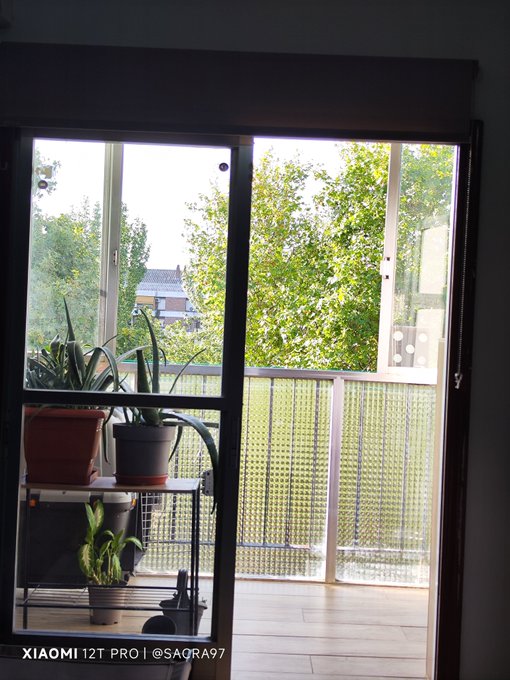 A view through an open sliding glass door onto a balcony with potted plants, overlooking trees and a building in the distance. The image is watermarked 'XIAOMI 12T PRO | @SAGRA7'.