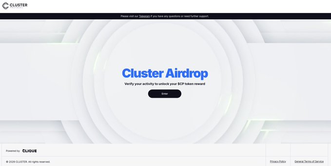 A landing page for the Cluster Airdrop portal featuring the Cluster Protocol logo, a prominent "Cluster Airdrop" heading with instructions to "Verify your activity to unlock your $CP token reward," and an "Enter" button—matching the announcement that airdrop claims are now live at airdrop.clusterprotocol.ai.