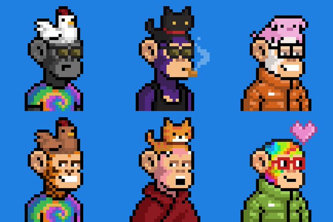 Pixel art collection of six monkey characters with various hats, glasses, and outfits, each with a small animal (chicken, cat, pig, fox) perched on their head.