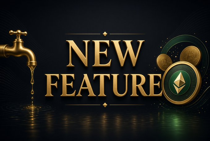 A promotional banner with gold text reading 'NEW FEATURE' is shown against a dark background, featuring a dripping golden faucet on the left and a stack of cryptocurrency coins including Ethereum and Bitcoin on the right.