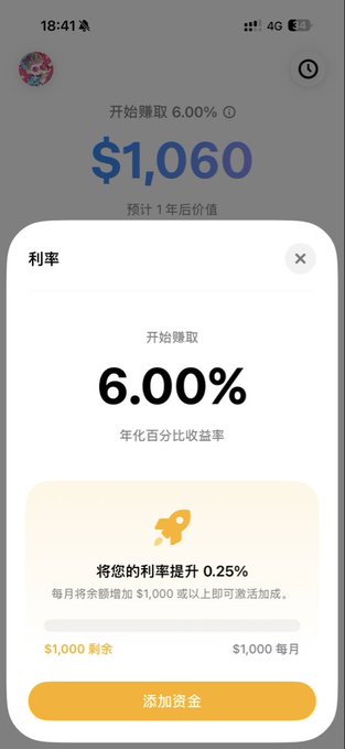 A smartphone app interface in Chinese showing an interest rate (利率) of 6.00% APY, with options to add funds and a current balance of $1,060.