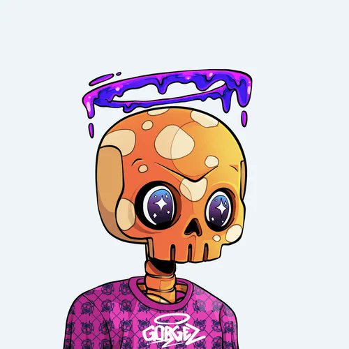Cartoon NFT-style artwork of a colorful orange and yellow skull with starry purple galaxy eyes, wearing a purple dripping halo and a pink patterned shirt with 'GLIKGZ' logo at the bottom.