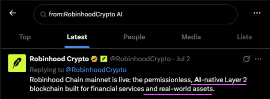 Screenshot of a Twitter/X post from Robinhood Crypto (@RobinhoodCrypto) dated July 2 announcing: 'Robinhood Chain mainnet is live: the permissionless, AI-native Layer 2 blockchain built for financial services and real-world assets.'