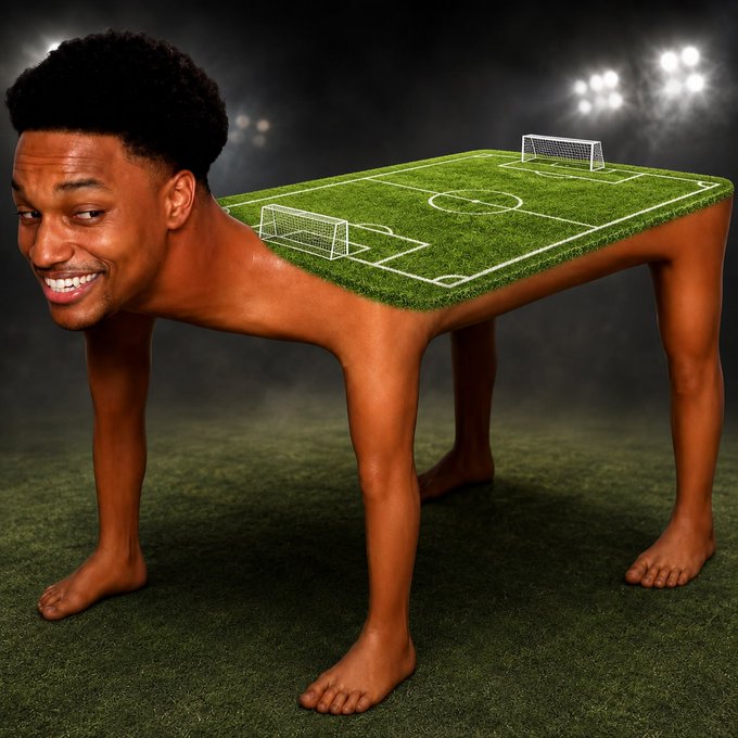 A surreal photoshopped image shows Ansem's head on a human body serving as the legs of a soccer field coffee table, visually illustrating the post's joke about him "carrying the weight" of both Solana and the World Cup on his back.