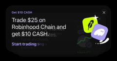 A promotional banner offering $10 CASH for trading $25 on Robinhood Chain, featuring Phantom Wallet's purple logo and the text "Get $10 CASH" alongside instructions to "Start trading," directly illustrating the eligibility and reward details described in the accompanying post.