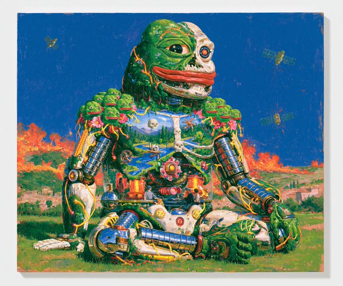 urn-shaped robot sculpture with a green body, red head, and white arms sits on a grassy field, surrounded by other sculptures and birds.