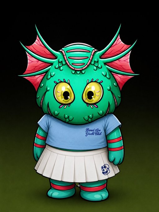 A colorful digital illustration of a green axolotl-like mascot character wearing a light blue shirt reading 'Round Up Jack & Jill' and a white pleated skirt with a skull logo.