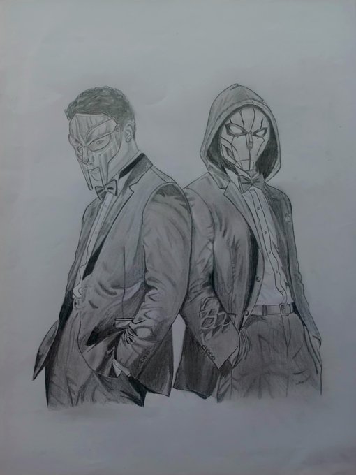 A pencil sketch shows two masked men in suits, both wearing bow ties, with one figure wearing a hood.