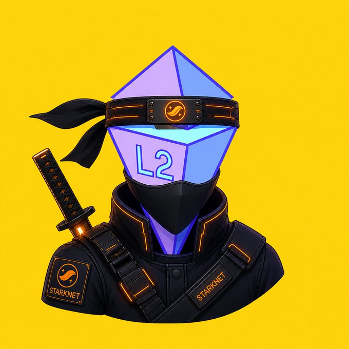 The image features a cartoon character wearing a black outfit with a sword strapped around their neck, giving them an intimidating appearance. The character also has a bandana covering their face, adding to their mysterious aura. The background of the image is yellow, which contrasts with the black and white elements in the illustration. In the corner of the image, there's text that reads "BREAKING: STARKNET, AN ETHEREUM L2, IS IMPLEMENTING PRIVACY AT THE PROTOCOL LEVEL". This suggests that the character might be a part of an online community or event related to blockchain technology and privacy.
