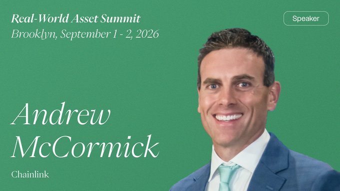 A promotional graphic for the Real-World Asset Summit in Brooklyn (September 1-2, 2026) features a headshot of speaker Andrew McCormick from Chainlink, set against a green background. The image aligns with the post's announcement of McCormick speaking at the event about tokenization and market accessibility.