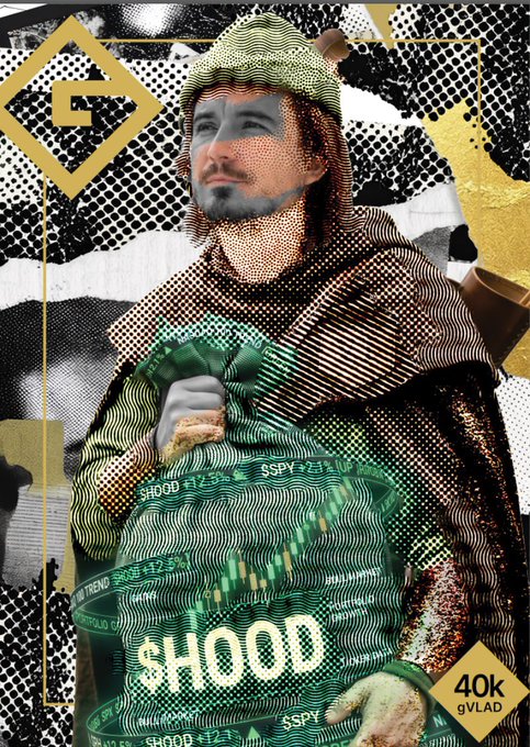 A pop-art/holographic style portrait of a hooded figure wearing green streetwear branded "SHOOD" and "SSPY," with "G VLAD" logo and "40k gVLAD" text overlays.