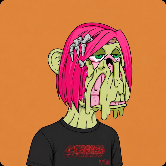 A cartoon illustration of a character with melting green zombie-like skin, pink hair, and a red eye, wearing a black shirt, set against an orange background.