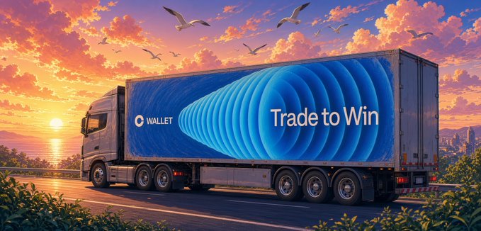 Promotional image showing a semi-truck with 'Trade to Win' on its blue trailer traveling along a coastal highway at sunset, with the 'CWALLET' logo on the truck door.