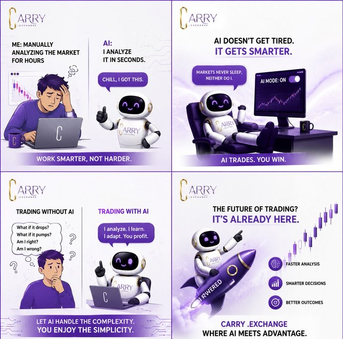 A four-panel promotional graphic for 'CARRY .EXCHANGE' featuring a robot and a human, with text such as 'AI DOESN'T GET TIRED, IT GETS SMARTER', 'TRADING WITHOUT AI', 'TRADING WITH AI', 'CARRY .EXCHANGE', and 'WHERE AI MEETS ADVANTAGE'.