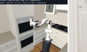 3D simulation showing a white robot in a kitchen environment reaching toward an oven, with terminal text indicating a humanoid robotics demo.