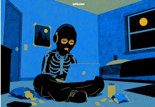 An illustration by artist "joelscene" depicting a person wearing headphones and a skeleton hoodie, sitting on the floor of a blue room using a laptop, with a moon visible through the window.