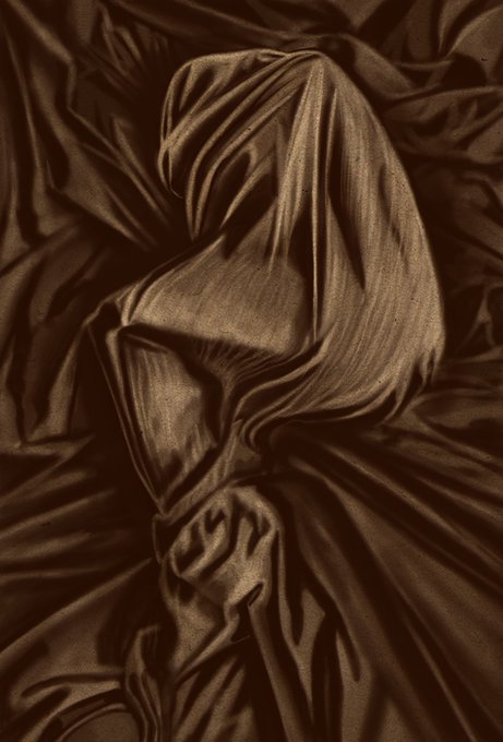 A sepia-toned image shows fabric draped over a hidden form, creating organic folds and shadows that hint at a figure beneath the cloth.