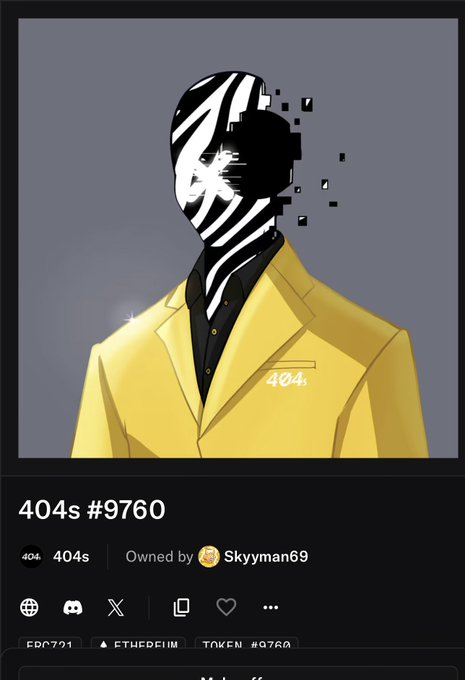 A digital NFT artwork showing a faceless figure in a yellow suit with a glitching black-and-white striped head, labeled '404s #9760', owned by Skyyman69.