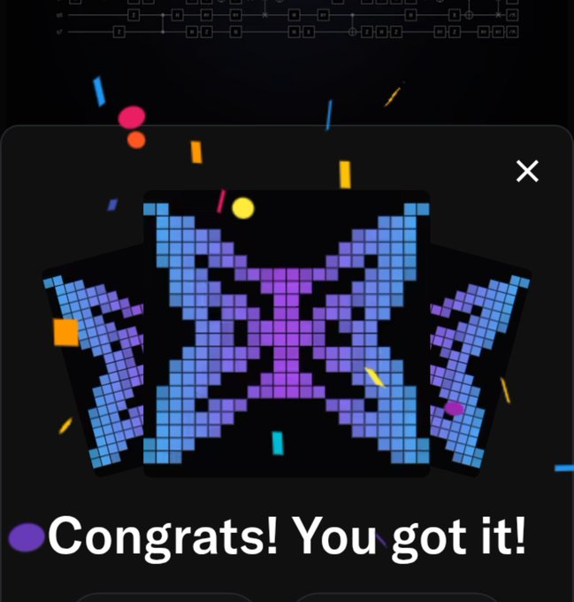 A celebratory digital card displays a pixelated blue and purple "X" graphic with confetti, featuring the text "Congrats! You got it!"—likely a notification indicating the successful creation of a Post Quantum account on Ethereum mainnet to reveal a QFT token from Quip Network.