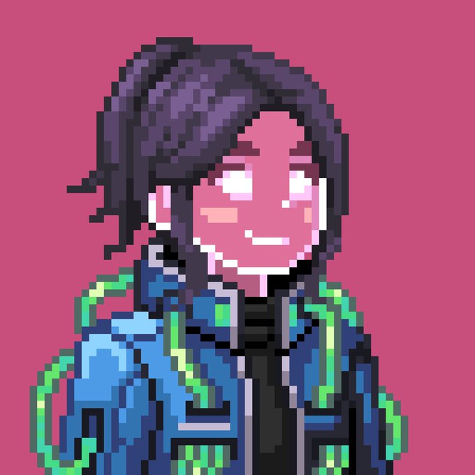 A pixel art portrait of a character with purple hair against a pink background, wearing a blue jacket with bright green neon accents.