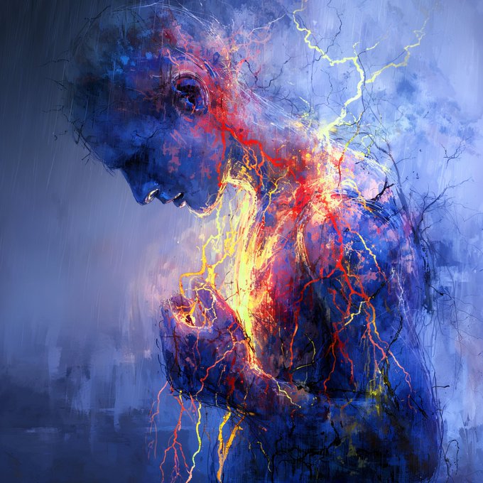 A vibrant digital painting of a humanoid figure in profile, featuring a dark silhouette illuminated by bright yellow and red energy veins crackling across the body.