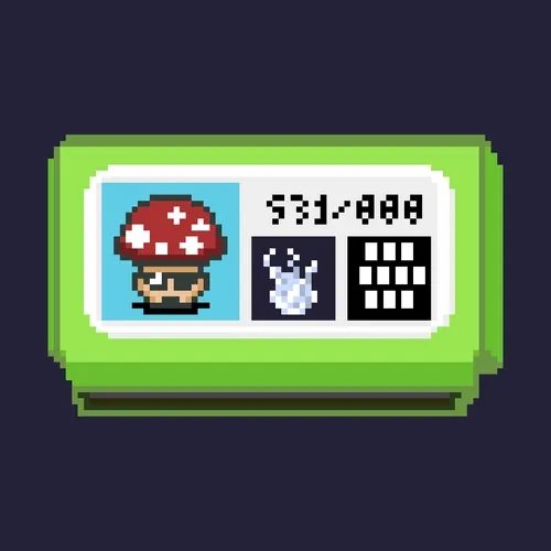Pixel art illustration of a green handheld game console screen displaying a red mushroom character, potion icon, and a counter reading '531/000'.