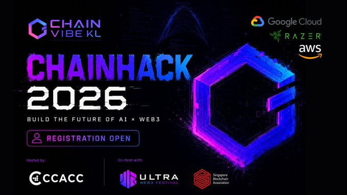 A promotional banner for "CHAINHACK 2026 - BUILD THE FUTURE OF AI × WEB3" with registration open, hosted by ChainVibe KL with Google Cloud, Razer, and AWS as sponsors, co-hosted with CCACC, ULTRA, and Singapore Blockchain Association.