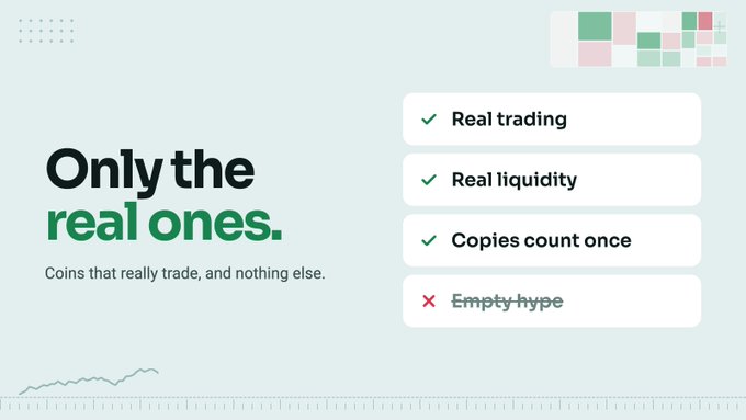 A minimalist promotional graphic reads “Only the real ones.” and “Coins that really trade, and nothing else,” alongside checklist items: “Real trading,” “Real liquidity,” “Copies count once,” and a struck-through “Empty hype.”