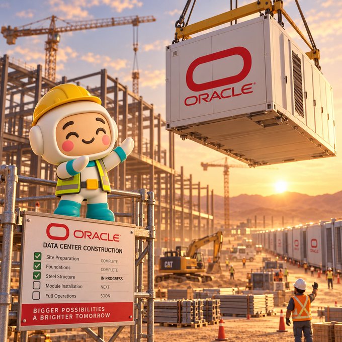 AI-generated image of an Oracle data center construction site featuring a cartoon mascot in a hard hat, construction workers, cranes, and a sign listing project stages like 'Site Preparation COMPLETE' and 'Full Operations SOON' with the tagline 'BIGGER POSSIBILITIES A BRIGHTER TOMORROW'.