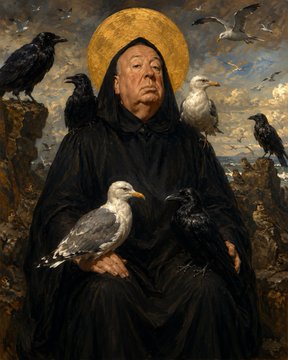 A classical-style painting depicting a monk in dark robes with a golden halo, surrounded by several black crows and seagulls perched on his shoulders and arms.