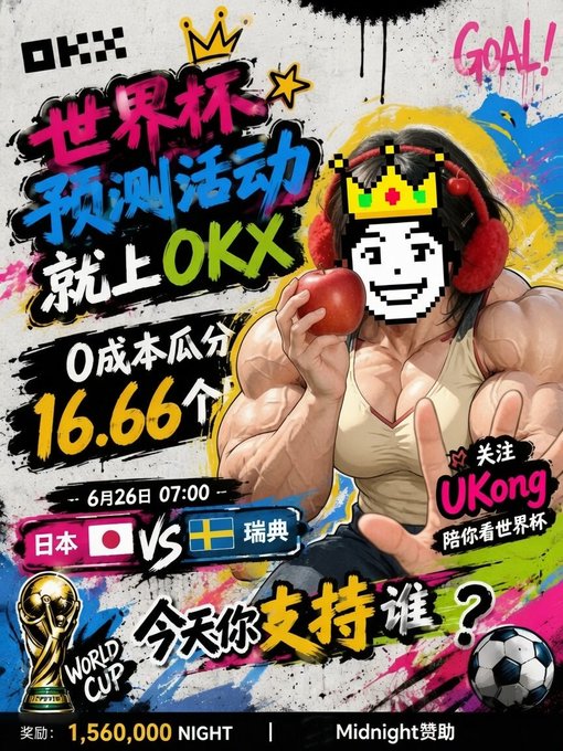 A graffiti-style promotional poster for a World Cup prediction event on OKX, featuring a muscular anime character with pixelated sunglasses holding a red apple, advertising a "0 cost share of 16.66" reward and a Japan vs Sweden match prediction challenge. The poster highlights UKong as the host, a prize pool of 1,560,000 NIGHT tokens sponsored by Midnight, and asks viewers "今天你支持谁?" (Who do you support today?), aligning with the post's enthusiasm for betting on Japan in the World Cup match.