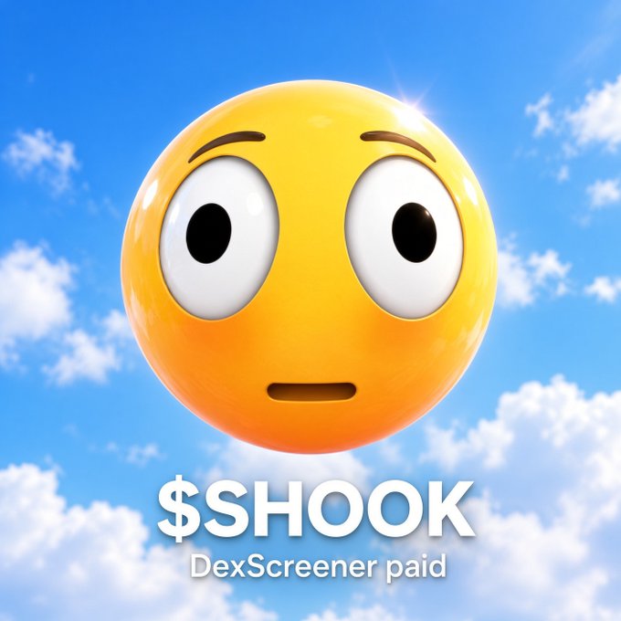 A yellow shocked emoji face against a blue sky with white clouds, with text below reading "$SHOOK - DexScreener paid".