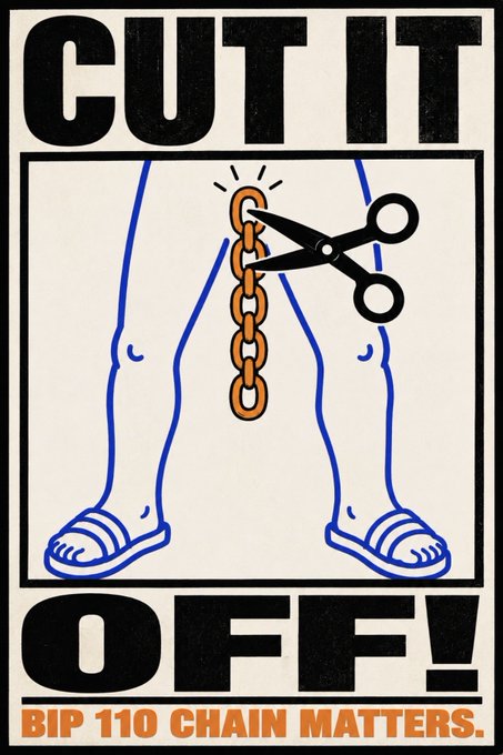 A graphic poster features a stylized illustration of a person's lower half in shorts and sandals, wearing an orange chain, with large black text reading 'CUT IT OFF!' and orange text below stating 'BIP 110 CHAIN MATTERS.'