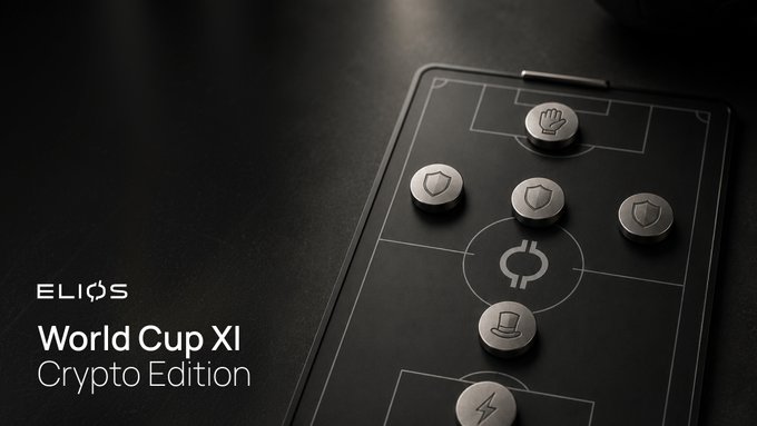 A sleek product image on a dark surface showing a tactical-style football formation board with tokens, branded 'ELIOS' with the text 'World Cup XI Crypto Edition.'