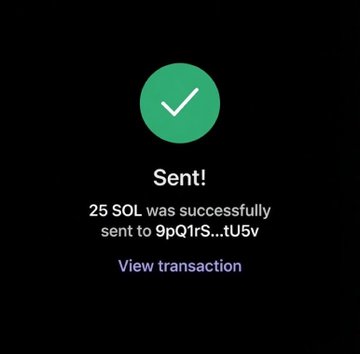 A green checkmark confirmation screen displays "Sent!" indicating that 25 SOL was successfully transferred to wallet address "9pQ1rS...tU5v," with a "View transaction" link. This serves as proof of payment for the MiladyQueenX giveaway that required users to retweet and submit their Solana wallet addresses.