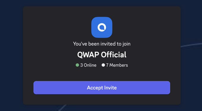 A digital invitation screen showing 'You've been invited to join QWAP Official' along with '7 Members' and a purple 'Accept Invite' button.