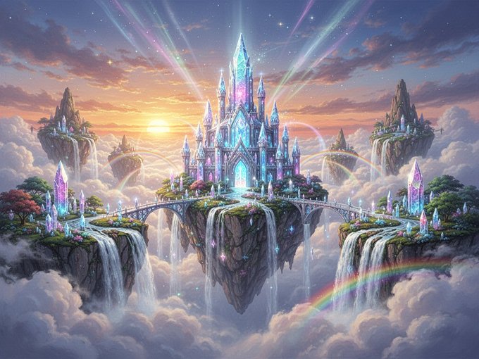 A majestic crystalline castle floats atop a floating island above the clouds, illuminated by radiant beams of light and framed by rainbows, waterfalls, and glowing crystal spires—evoking the fantastical, futuristic aesthetic suggested by the "#AIart" and "#FutureTech" hashtags from the post.