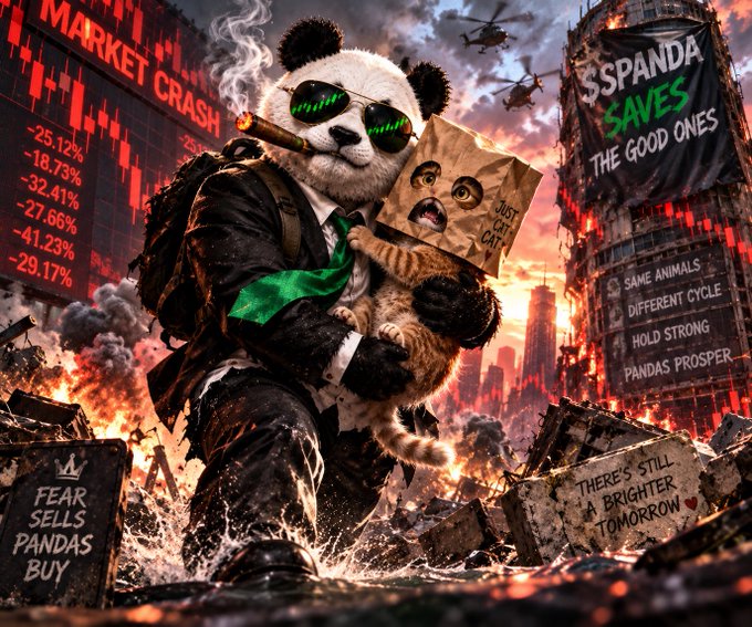 A digital artwork showing an anthropomorphic panda in a suit and sunglasses holding a cat amidst a chaotic, fiery cityscape, with text including 'MARKET CRASH', 'SPANDA SAVES THE GOOD ONES', 'FEAR SELLS PANDAS BUY', and 'THERE'S STILL A BRIGHTER TOMORROW'.